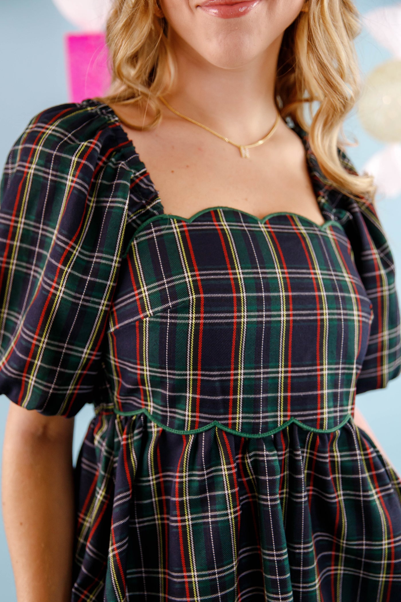 Green Tartan Plaid Print Dress- Women's Scalloped Preppy Dress- Entro Plaid Holiday Dress