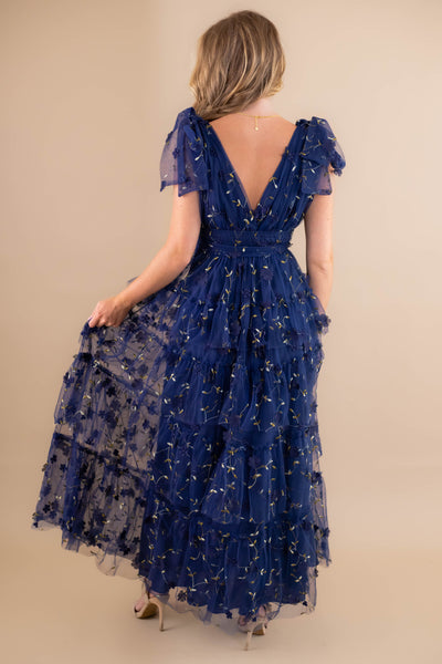 Navy Blue Tulle Maxi Dress- 3D Flower Maxi Dress- Elegant Tulle Flower Maxi Dress