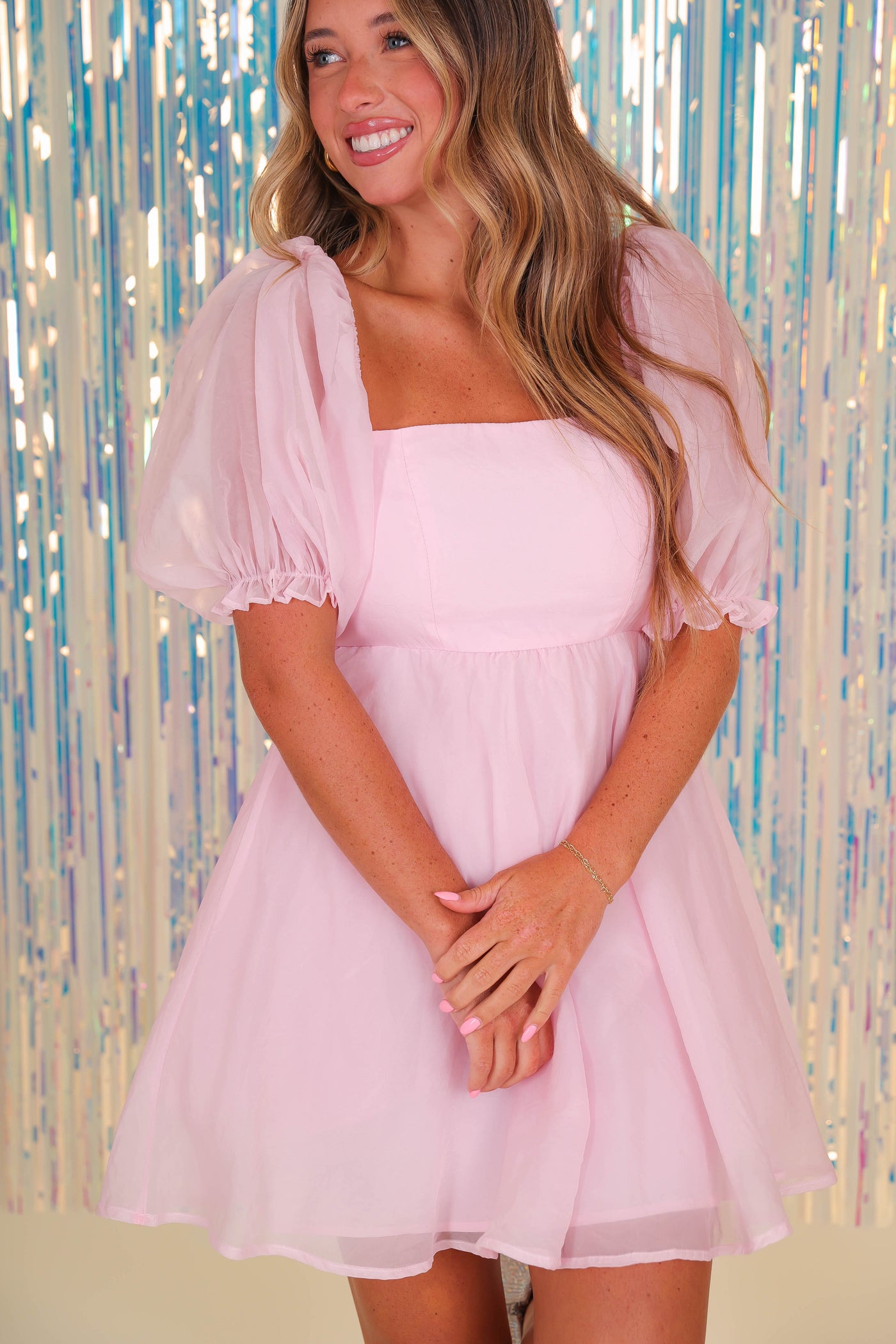 Women's Mini Dress- Pink Puff Sleeve Dress- Vintage Shop Dress