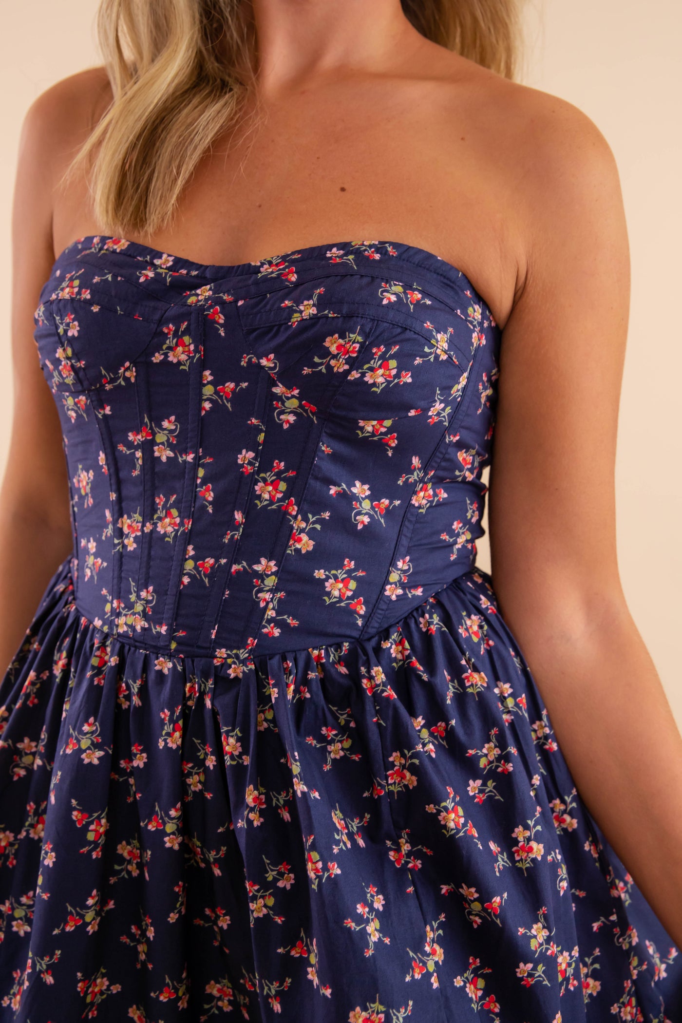 Strapless Floral Dress- Strapless Corset Midi Dress- Creamon Blue Floral Midi Dress