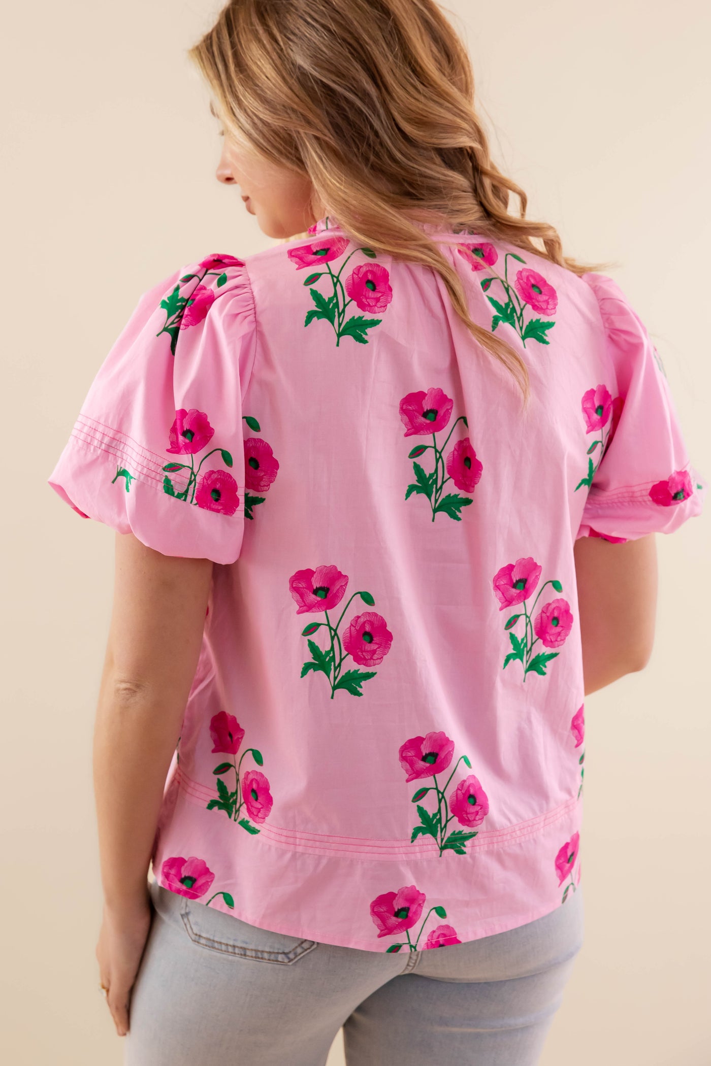 Women's Pink Cotton Blouse- Floral Print Cotton Top- Entro Flower Tops