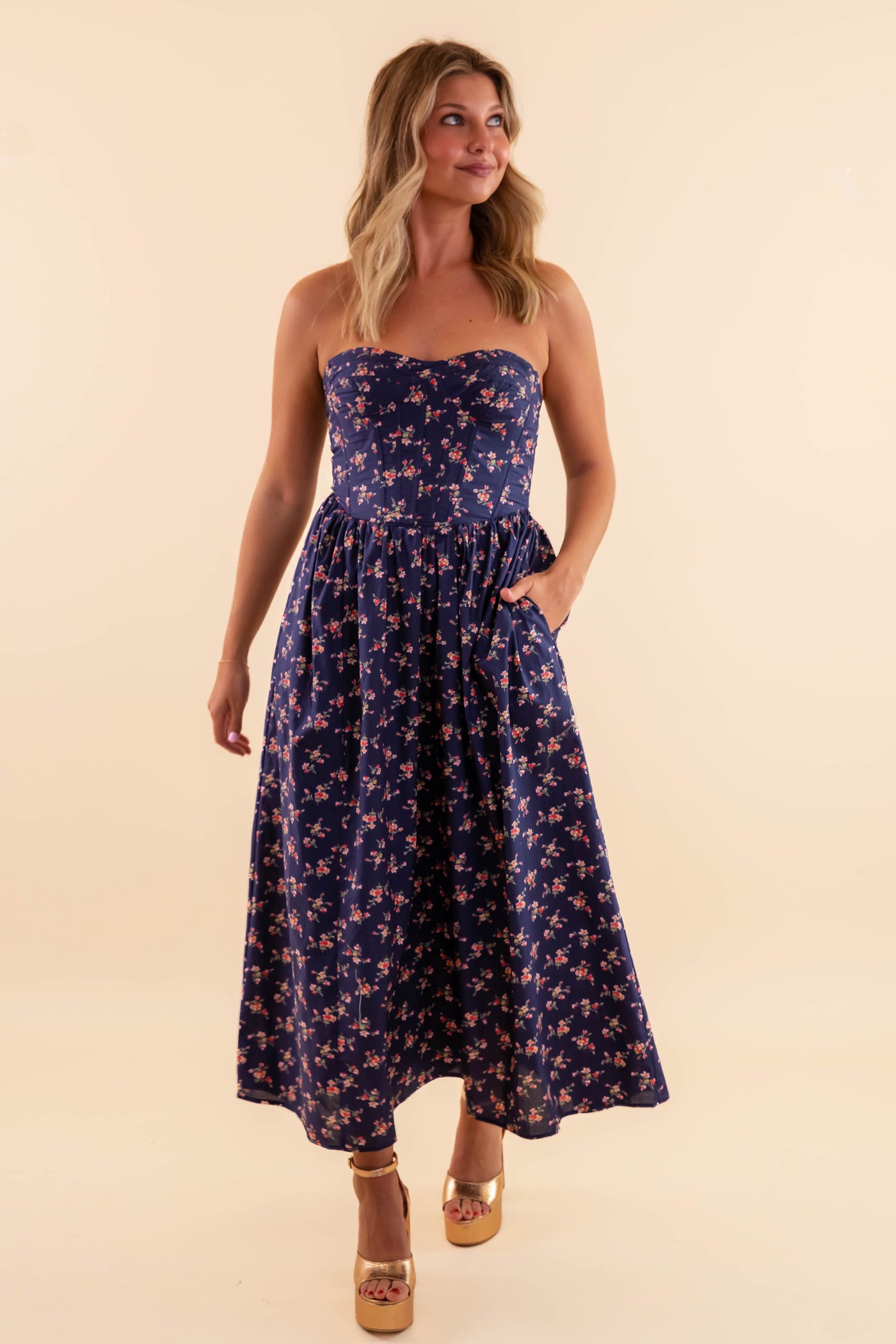 Strapless Floral Dress- Strapless Corset Midi Dress- Creamon Blue Floral Midi Dress