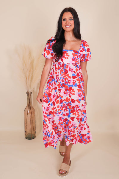 Hot Pink Midi Dress- Bright Floral Print Dress- In The Beginning Midi Dress