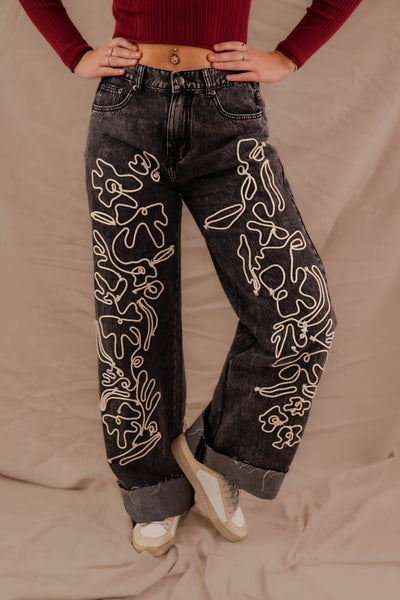 Women's Black Mineral Wash Denim- Floral Embroidered Jeans- Women's Vintage Inspired Denim