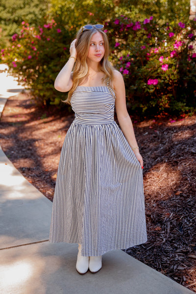 Women's Navy and Cream Striped Midi Dress- Classic Thin Striped Dress- TCEC Striped Dress
