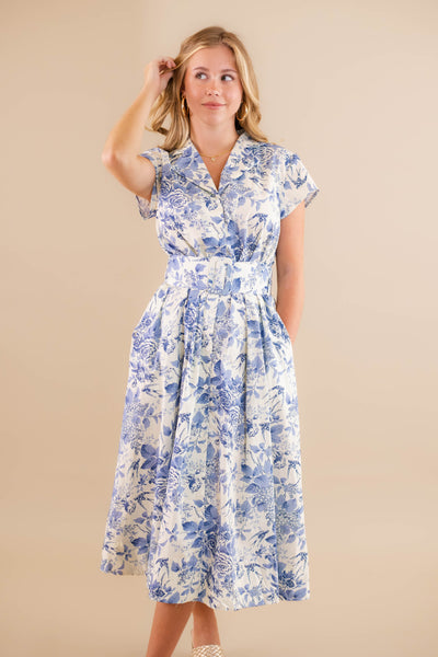 Floral Blue And White Midi Dress- Women's Belted Dress- AAKAA Dresses