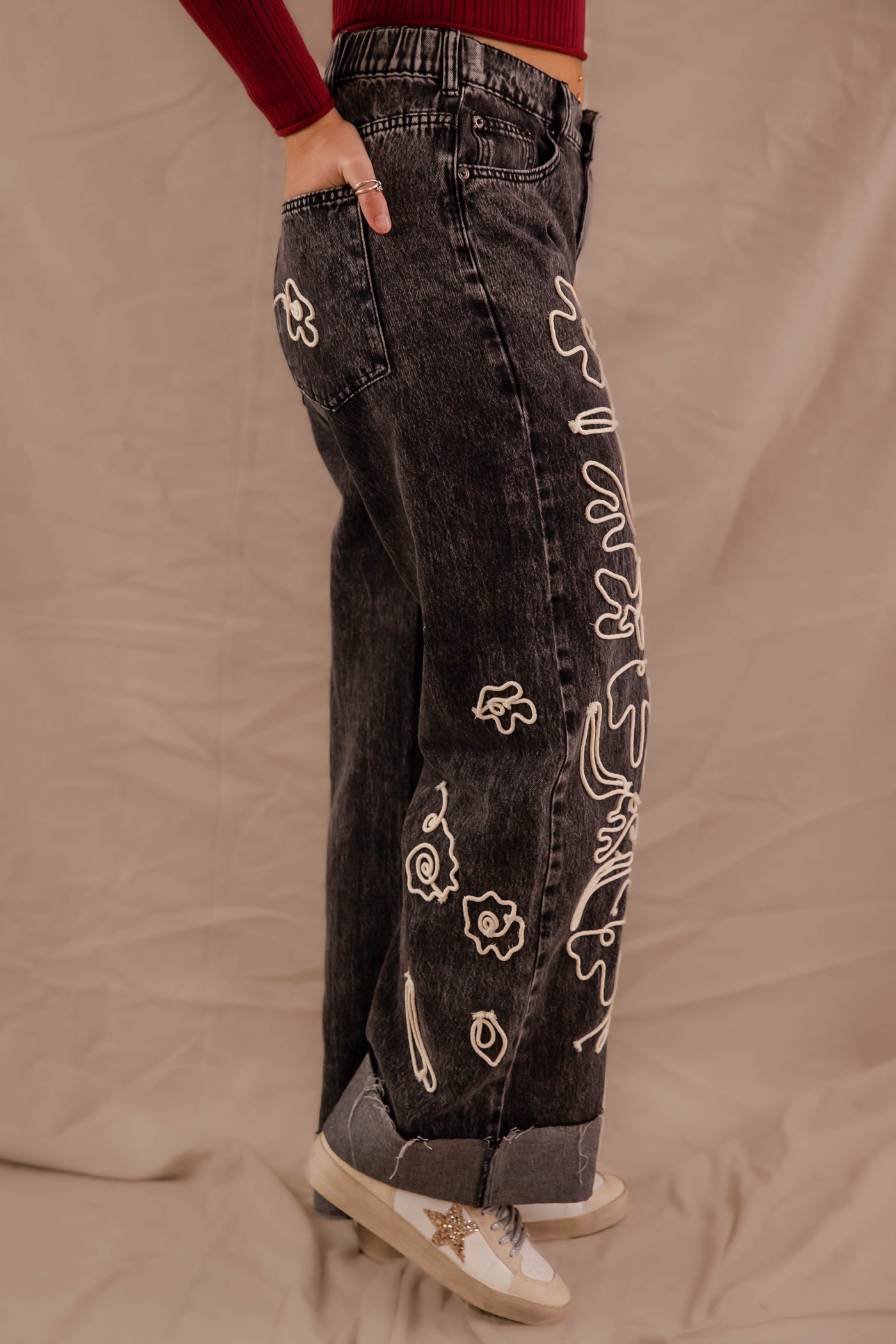 Women's Black Mineral Wash Denim- Floral Embroidered Jeans- Women's Vintage Inspired Denim