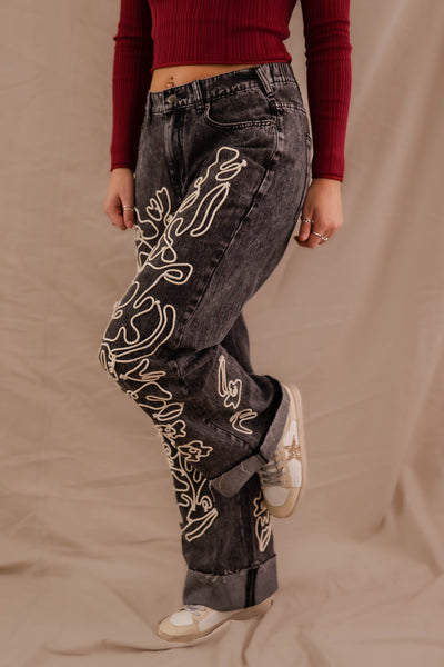 Women's Black Mineral Wash Denim- Floral Embroidered Jeans- Women's Vintage Inspired Denim