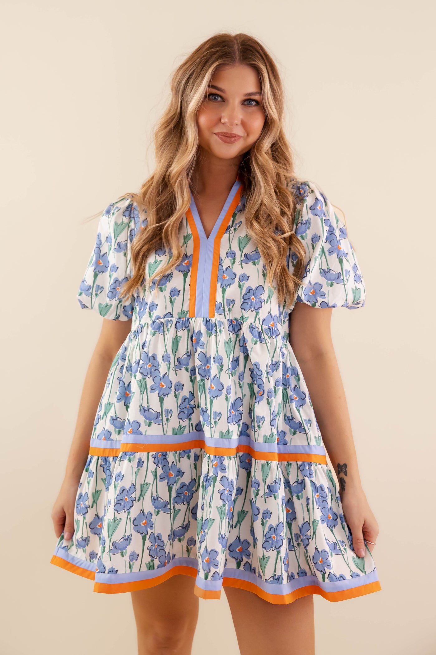 Blue Floral Print Dress- Women's Short Sleeve Bubble Dress- Women's Entro Dresses