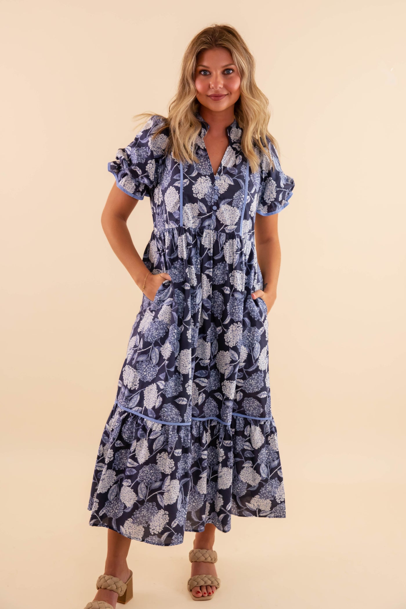 Blue Hydrangea Floral Print Midi Dress- Women's Navy Floral Dress- Entro Dresses