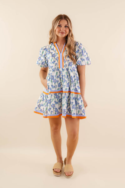 Blue Floral Print Dress- Women's Short Sleeve Bubble Dress- Women's Entro Dresses