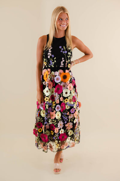 Women's 3D Flower Tulle Midi Dress- Women's Special Occasion Flower Dress- Taylor Grammy's Dress