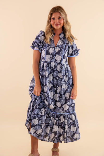 Blue Hydrangea Floral Print Midi Dress- Women's Navy Floral Dress- Entro Dresses
