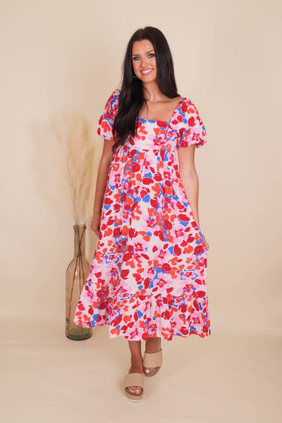 Hot Pink Midi Dress- Bright Floral Print Dress- In The Beginning Midi Dress