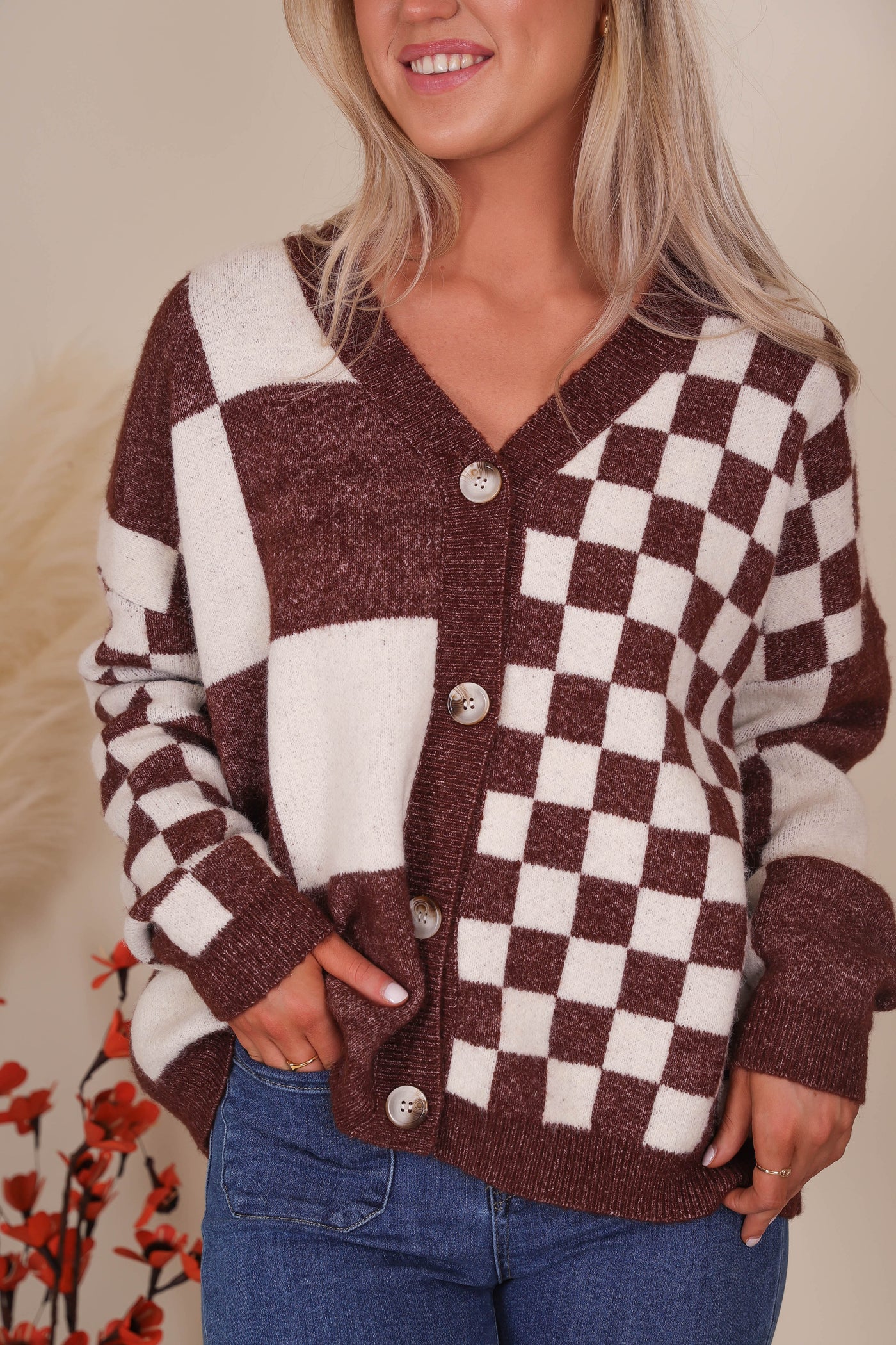 Women's Checkered Cardigan- Brown Checkered Cardigan- Oversized Boyfriend Cardigan