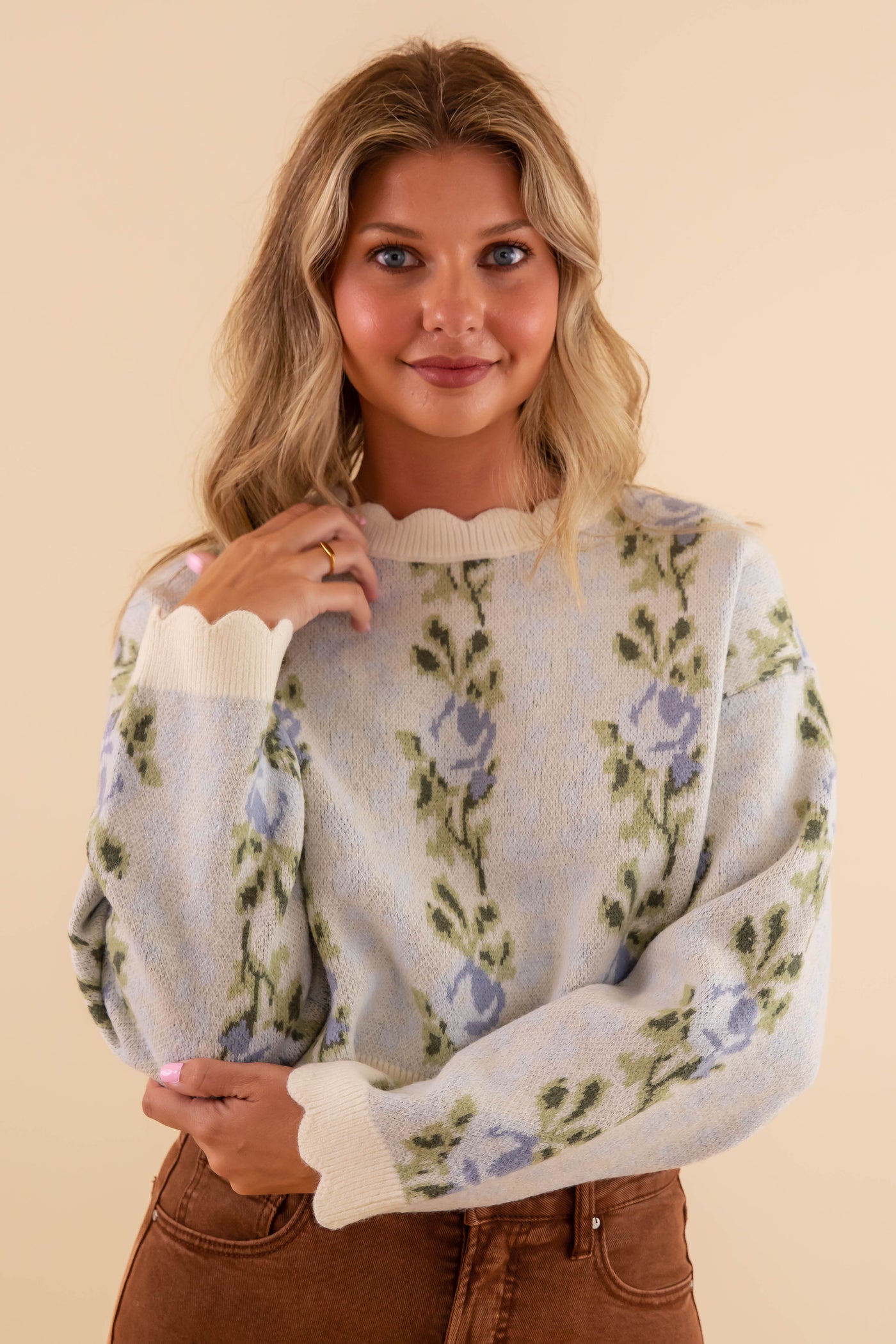 Floral Scalloped  Sweater- Preppy Floral Sweater- Mable Floral Sweater