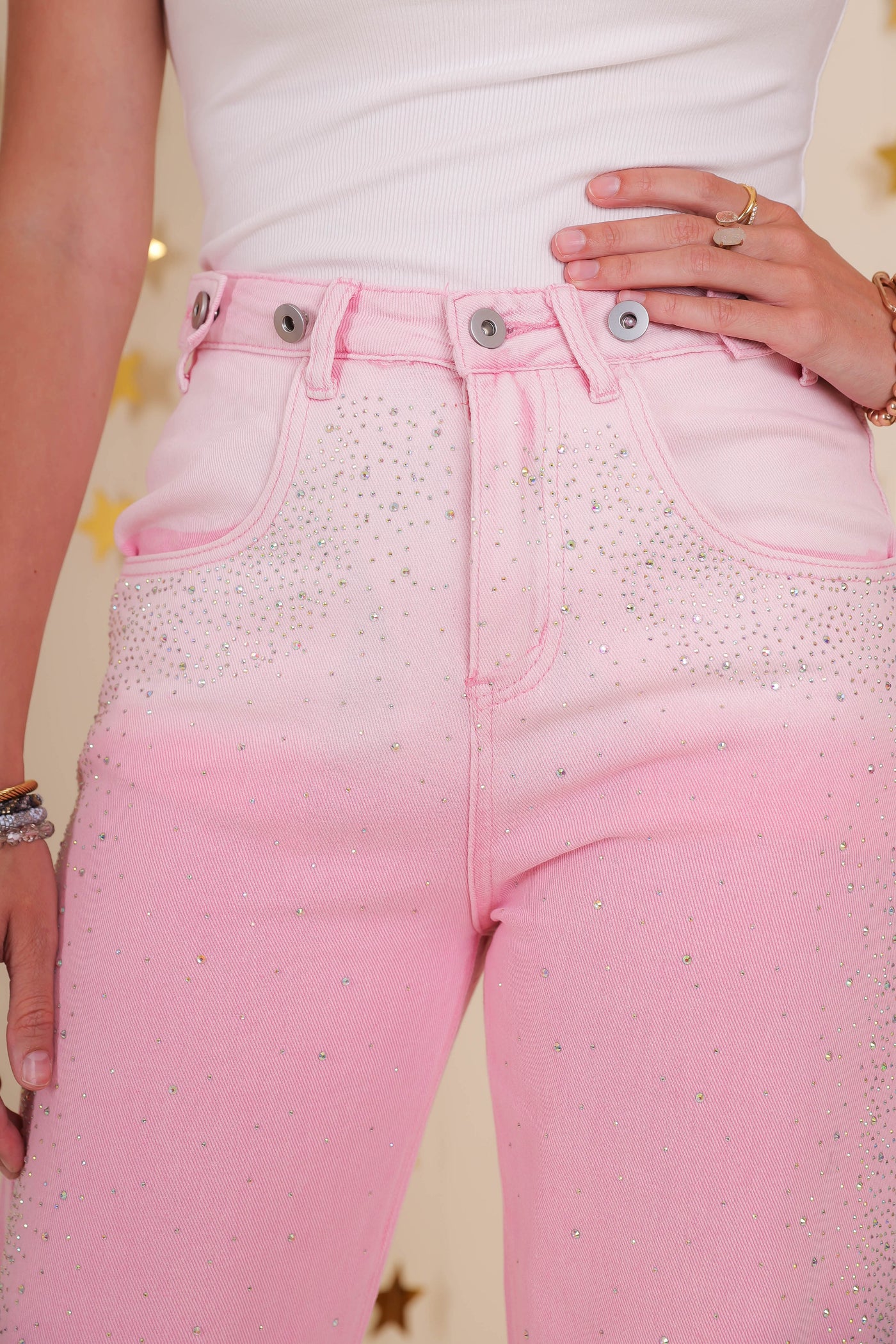 Women's Pink Rhinestone Jeans- Blush Pink Ombre Jeans- Rhinestone Straight Leg Jeans