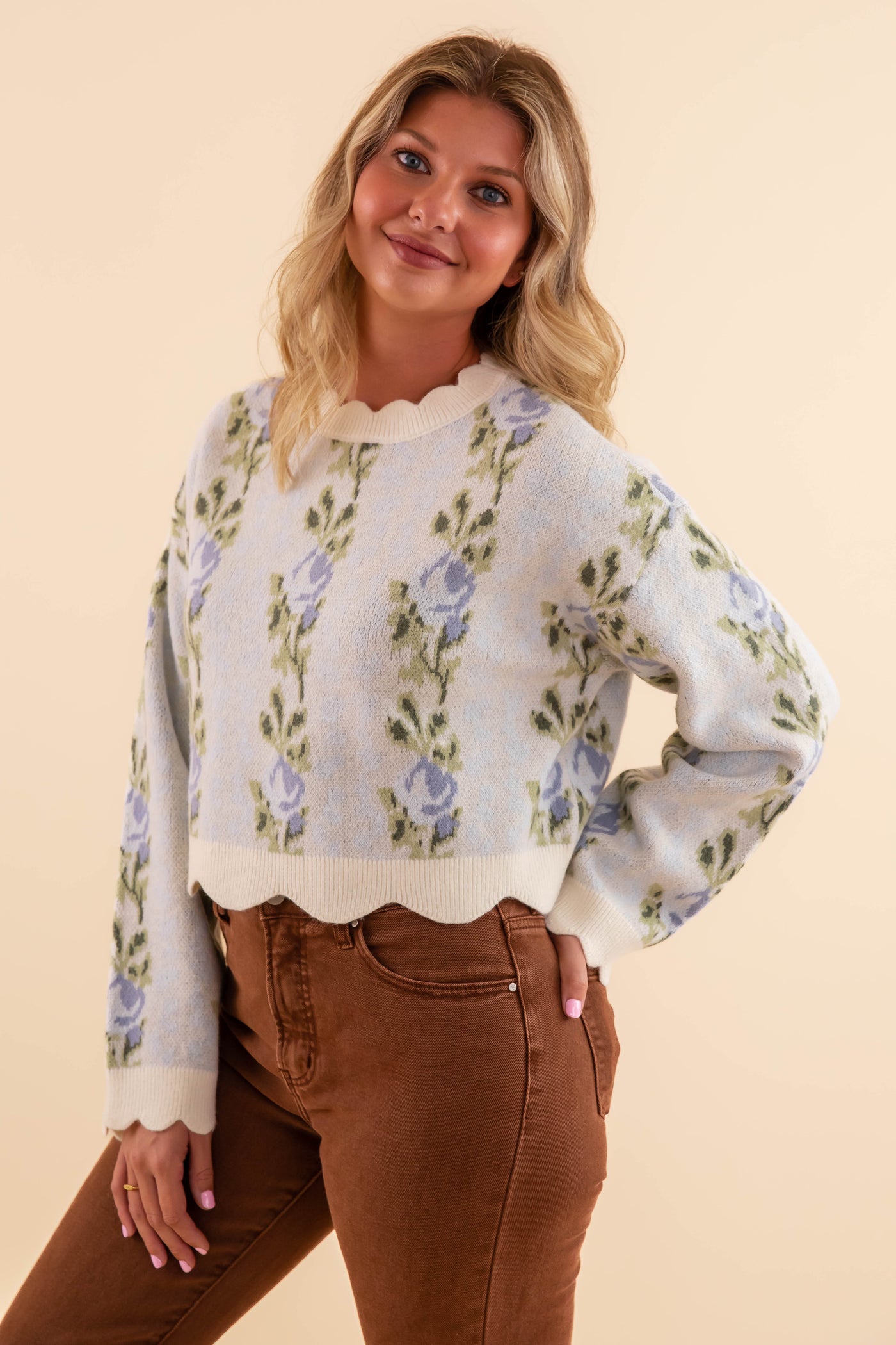 Floral Scalloped  Sweater- Preppy Floral Sweater- Mable Floral Sweater