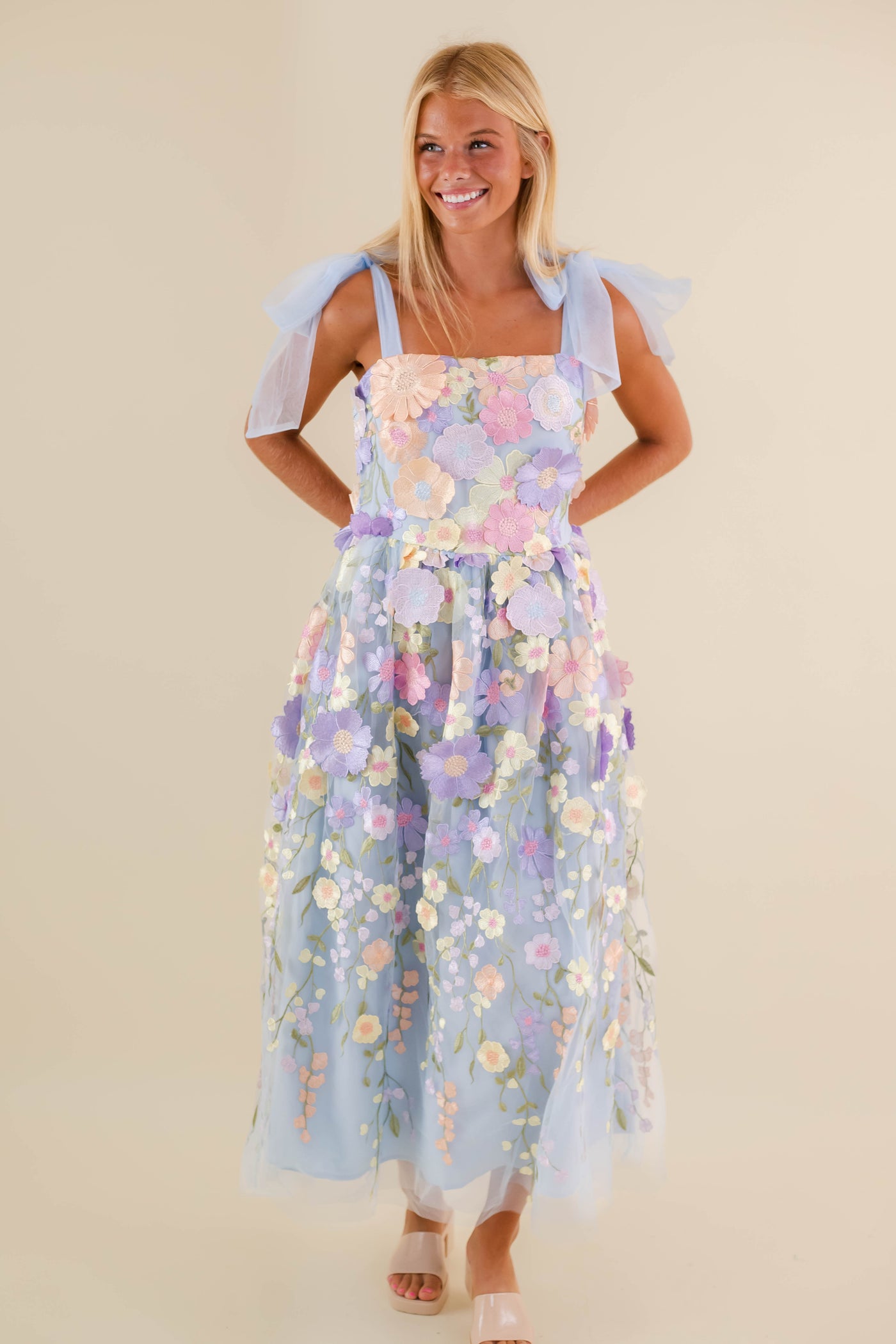 Light Blue Floral Embroidered Maxi Dress- Tulle 3d Flower Dress- Just Me Flower Maxi Dress