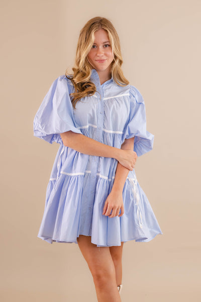 Women's Blue Button Down Dress- Chic High End Dress with Bubble Sleeves- Sofie The Label Dress