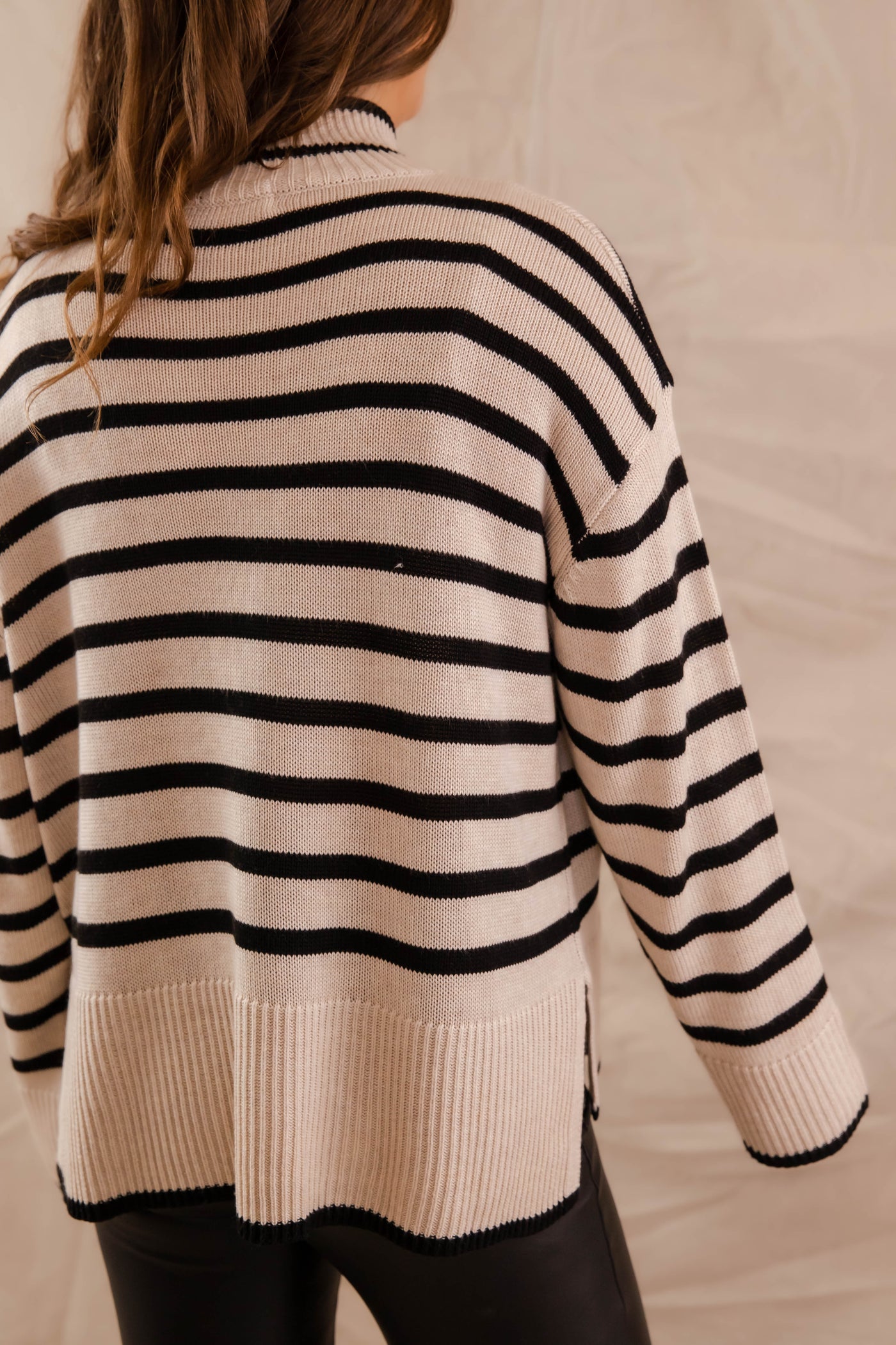 Stripe Knit Turtleneck Sweater- Black and Taupe Stripe Sweater for Women