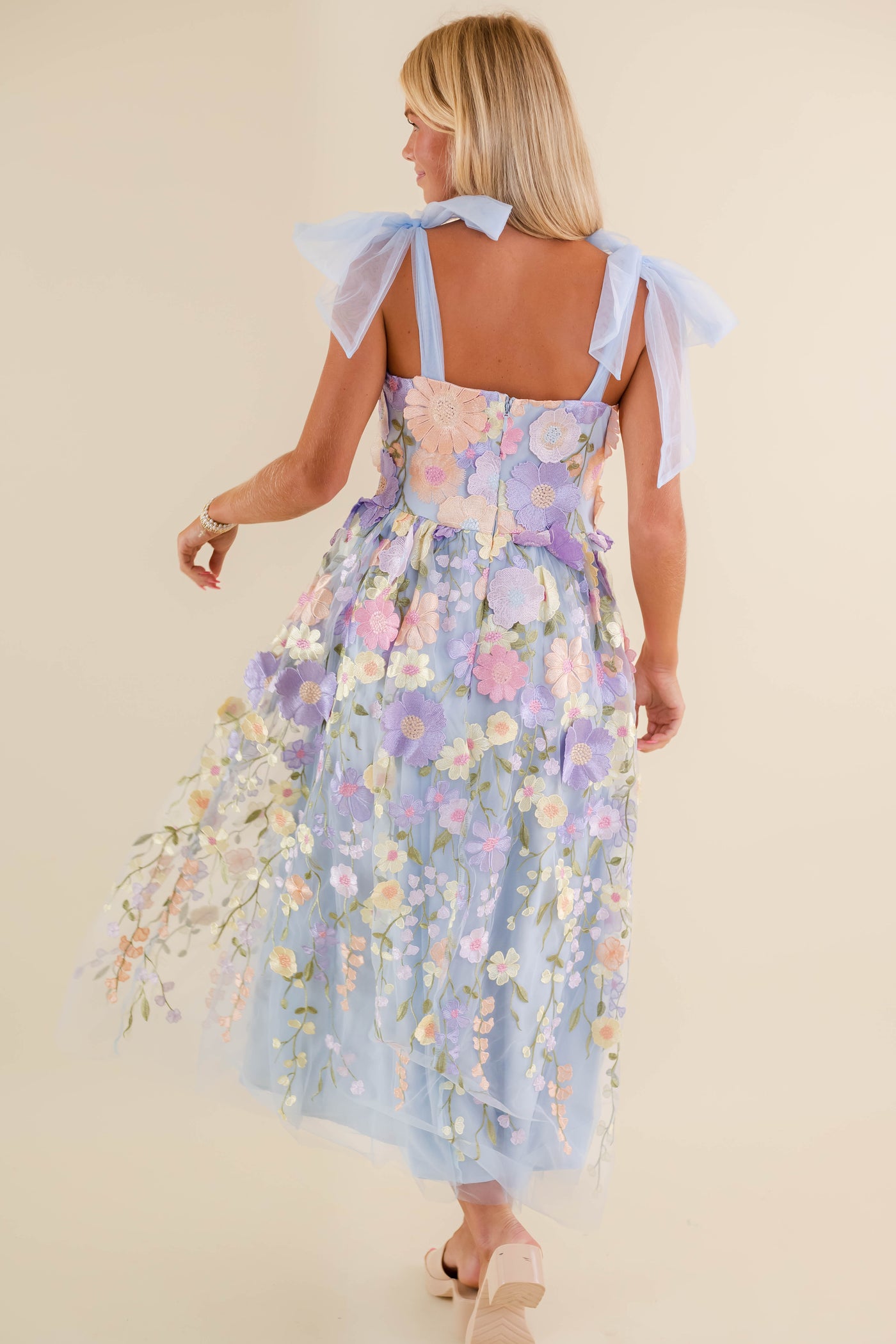 Light Blue Floral Embroidered Maxi Dress- Tulle 3d Flower Dress- Just Me Flower Maxi Dress