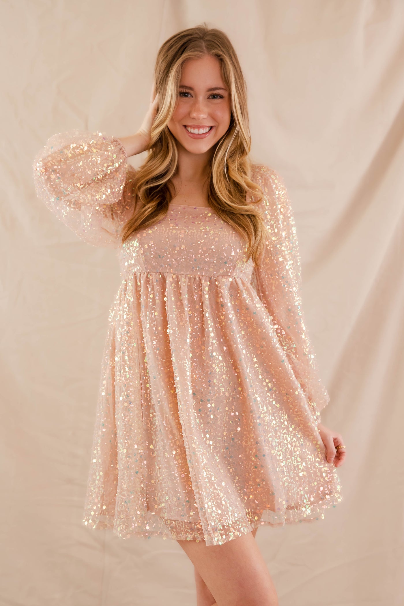 Women's Long Sleeve Sequin Dress- Blush Pink Sequin Dress- Main Strip Party Dress Dress