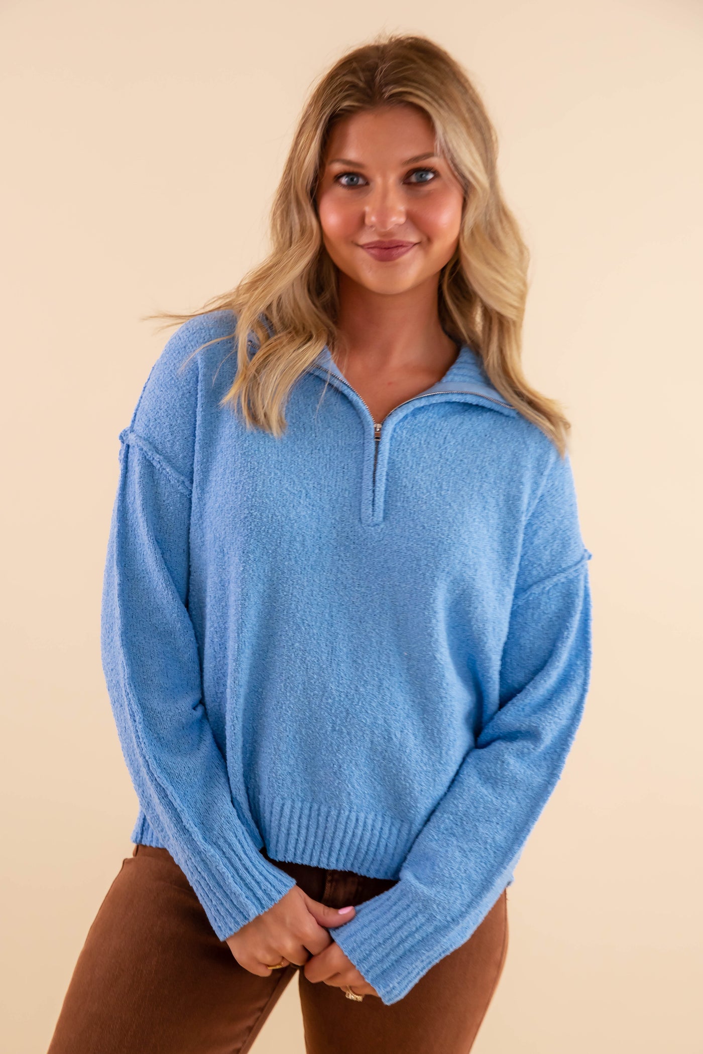 Classic Blue Zip Up Sweater- Women's Quarter Zip Sweater- Promesa Light Blue Zip Up Sweater