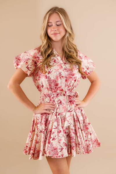 Button Down Shirt Dress- Women's Vintage Inspired Dress- Pink and Red Floral Pleated Dress