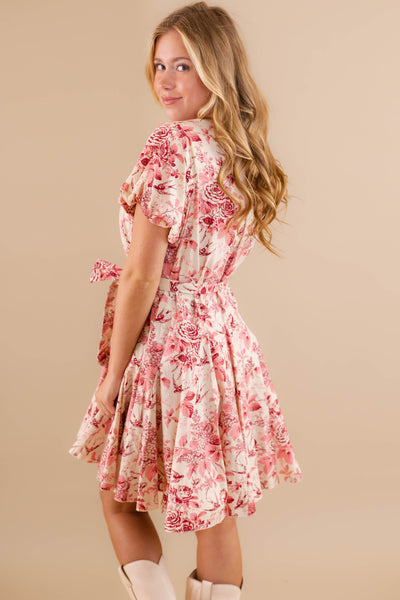 Button Down Shirt Dress- Women's Vintage Inspired Dress- Pink and Red Floral Pleated Dress