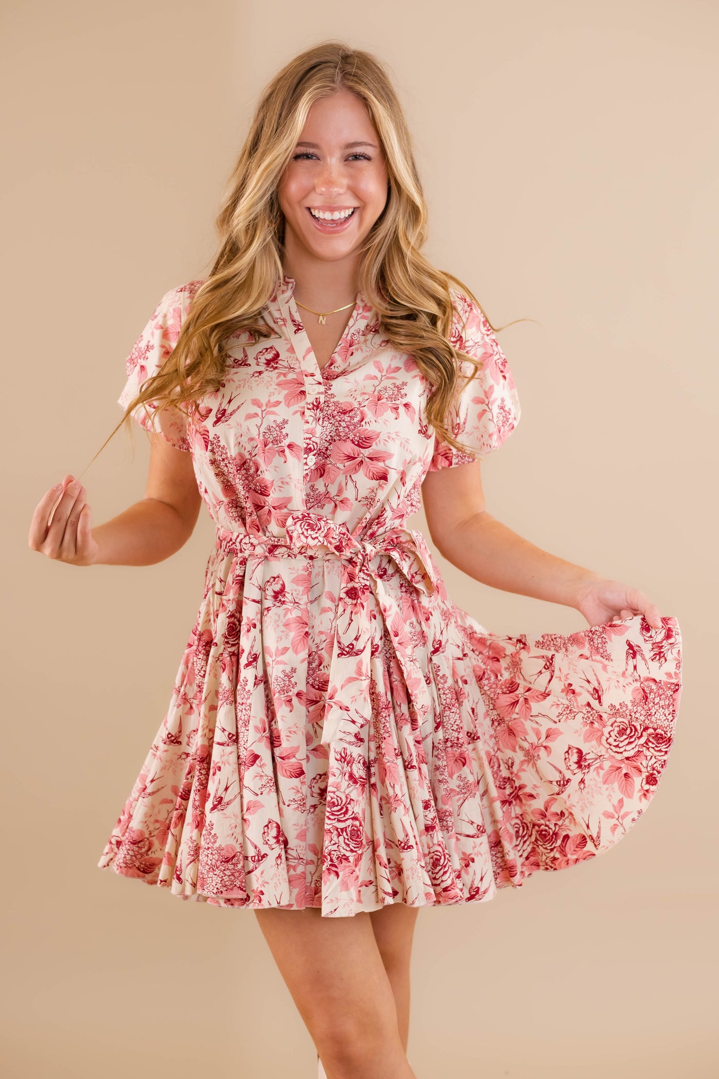 Button Down Shirt Dress- Women's Vintage Inspired Dress- Pink and Red Floral Pleated Dress