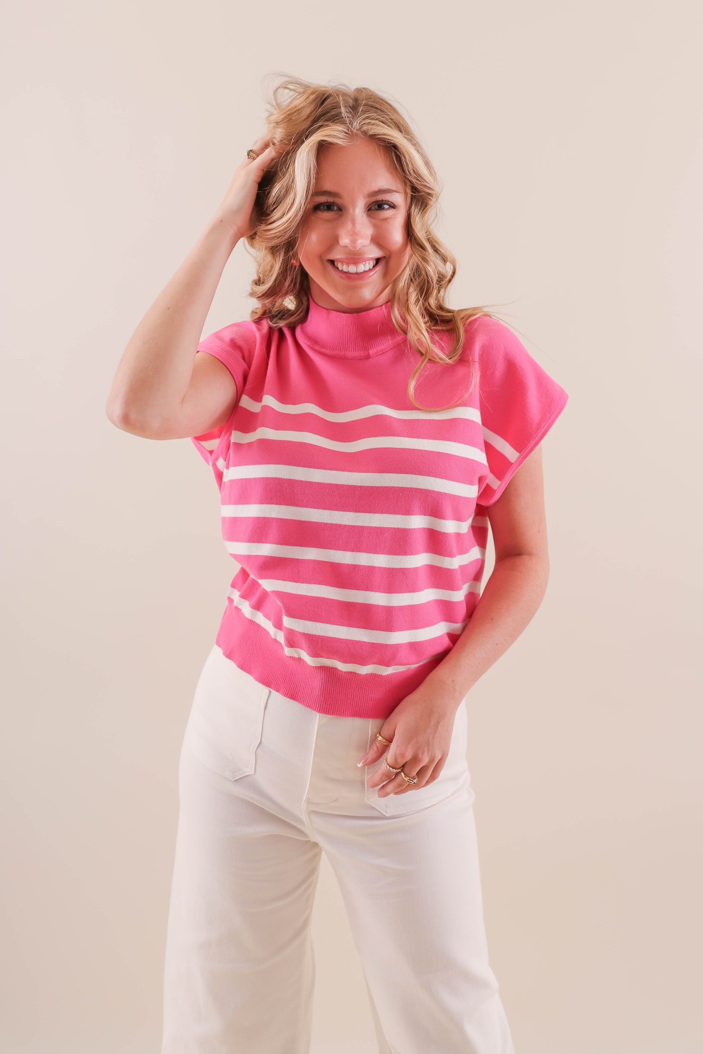 Women's Pink and White Stripe Blouse- Women's Preppy Tops- Eesome Tops