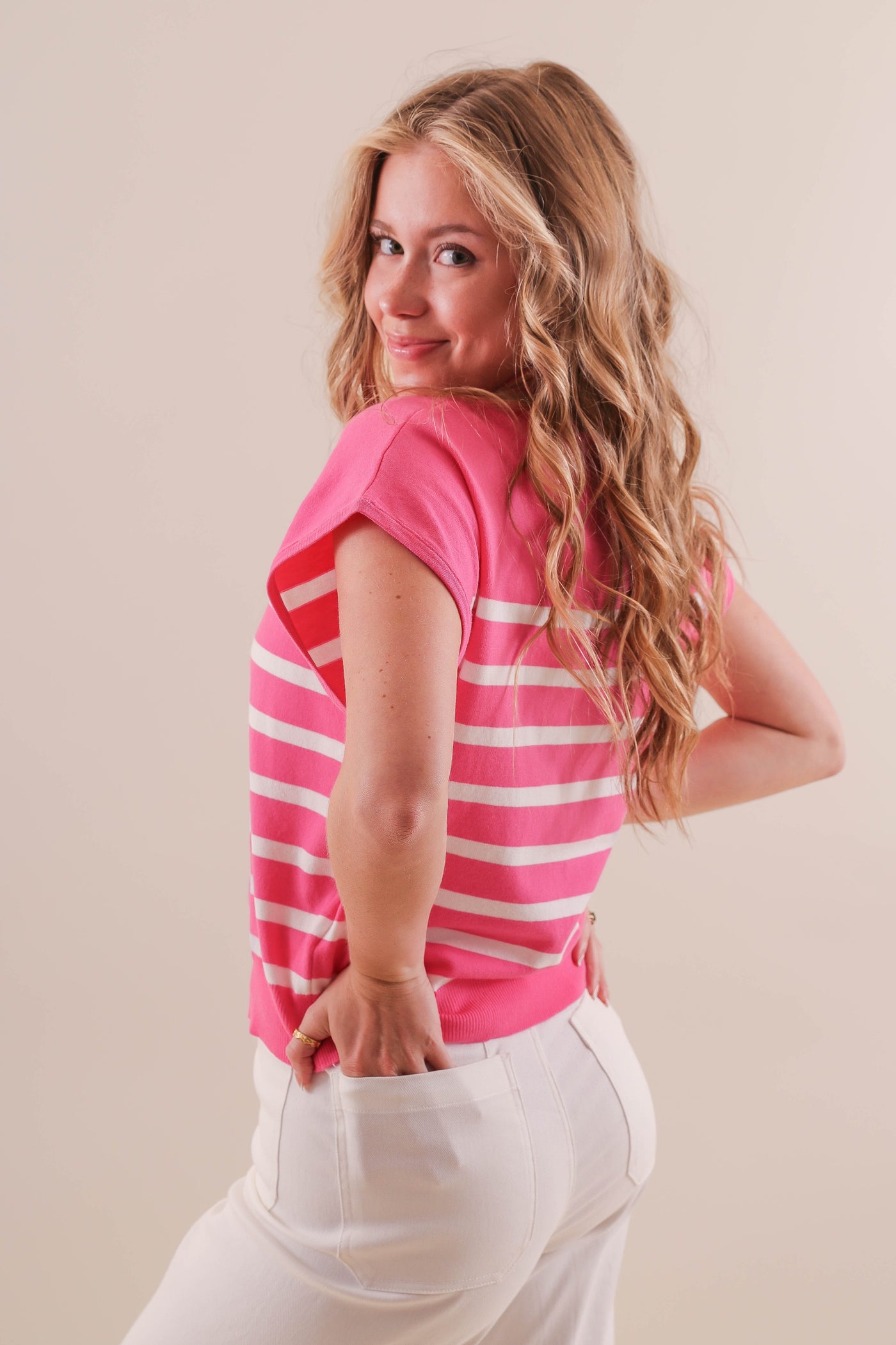 Women's Pink and White Stripe Blouse- Women's Preppy Tops- Eesome Tops