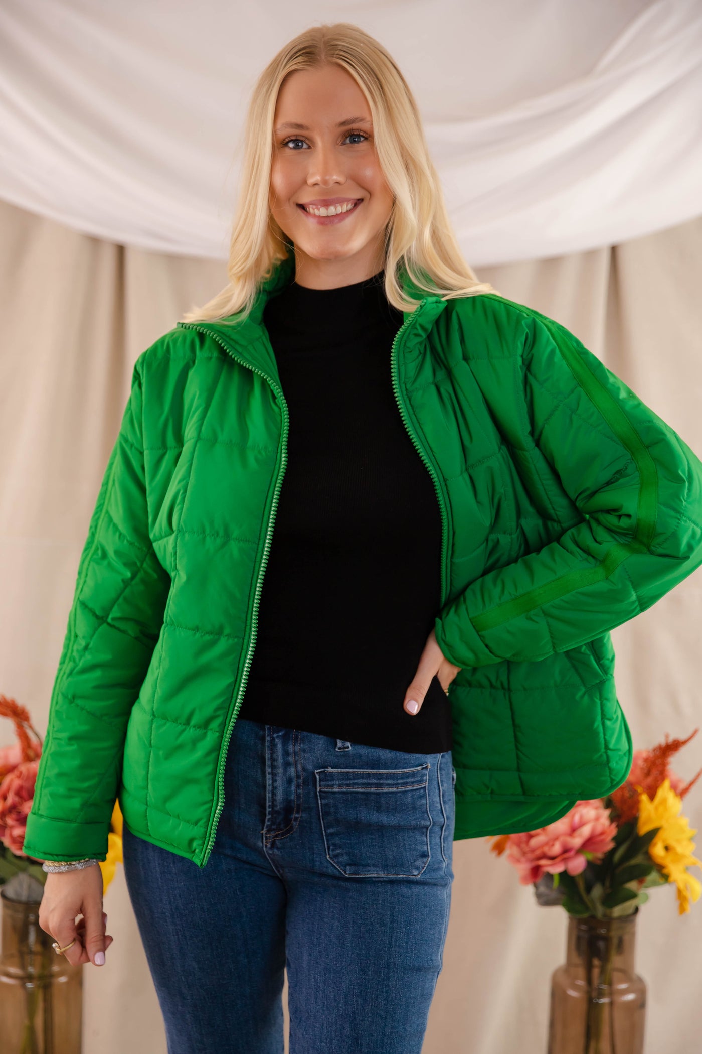 Green Quilted Puffer Jacket- Women's Boxy Fall Jacket- FP Dupe Quilted Jacket