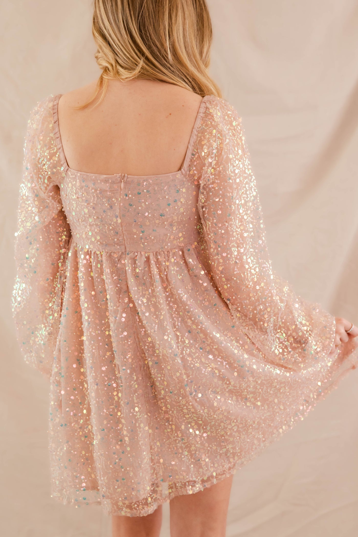 Women's Long Sleeve Sequin Dress- Blush Pink Sequin Dress- Main Strip Party Dress Dress