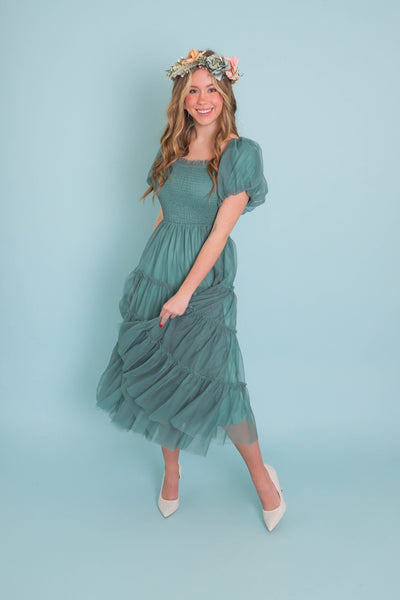 Women's Pretty Teal Tulle Dress- Women's Tulle Long Dress- Tulle Long Photoshoot Dress