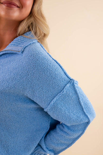 Classic Blue Zip Up Sweater- Women's Quarter Zip Sweater- Promesa Light Blue Zip Up Sweater