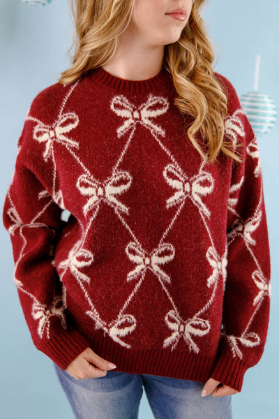 Women's Ribbon Knit Sweater- Holiday Bow Sweater- &Merci Bow Sweater