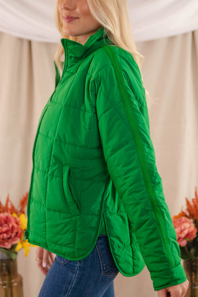 Green Quilted Puffer Jacket- Women's Boxy Fall Jacket- FP Dupe Quilted Jacket