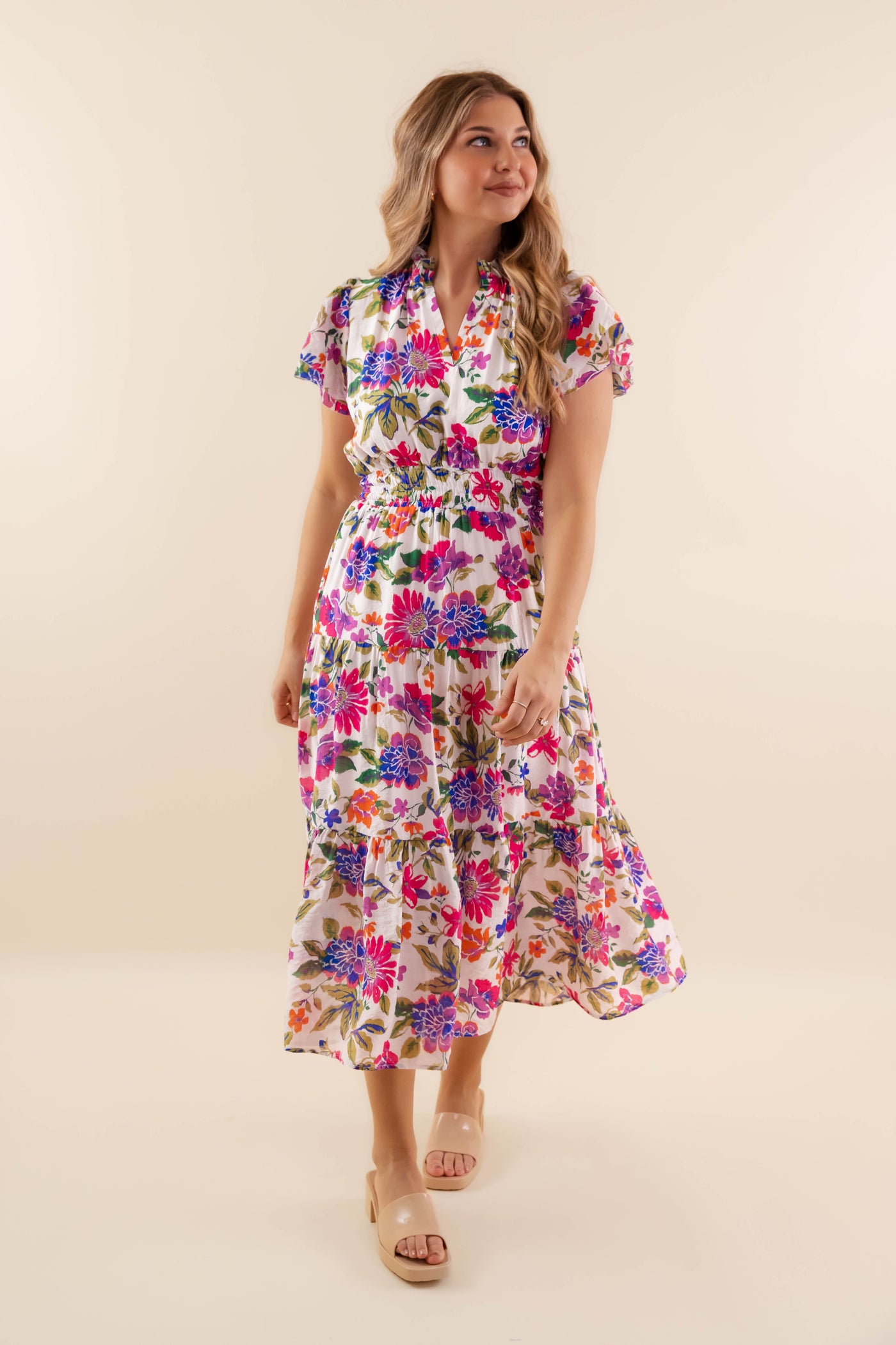 Floral Print V-Neck Midi Dress- Women's Spring Summer Midi Dress- Umgee Dresses