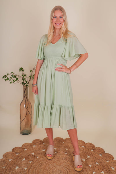 Women's Smocked Midi Dress- Light Green Midi Dress- Sweet Lemon Midi Dress