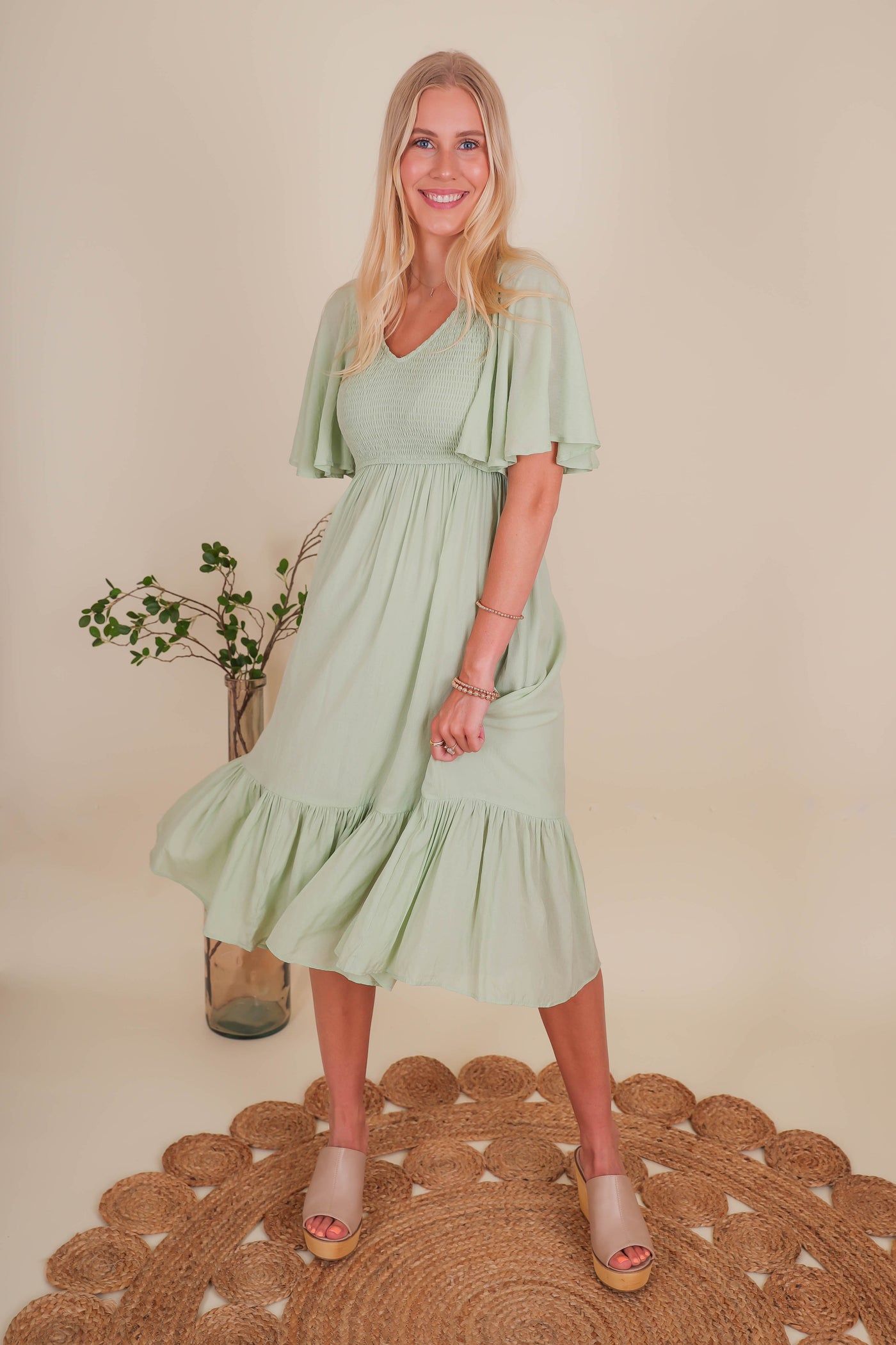 Women's Smocked Midi Dress- Light Green Midi Dress- Sweet Lemon Midi Dress