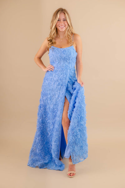 Blue 3D Flower Maxi Dress- Women's Formal Blue Long Dress- Rosette Maxi Dress