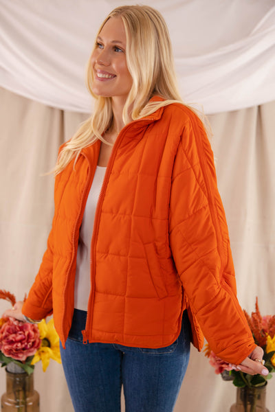 Rust Orange Quilted Puffer Jacket- Women's Boxy Fall Jacket- FP Dupe Quilted Jacket