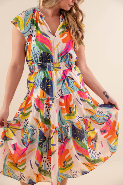 Multi-Color Leaf Print Midi Dress- Women's Vacation Dresses- Umgee Midi Dress