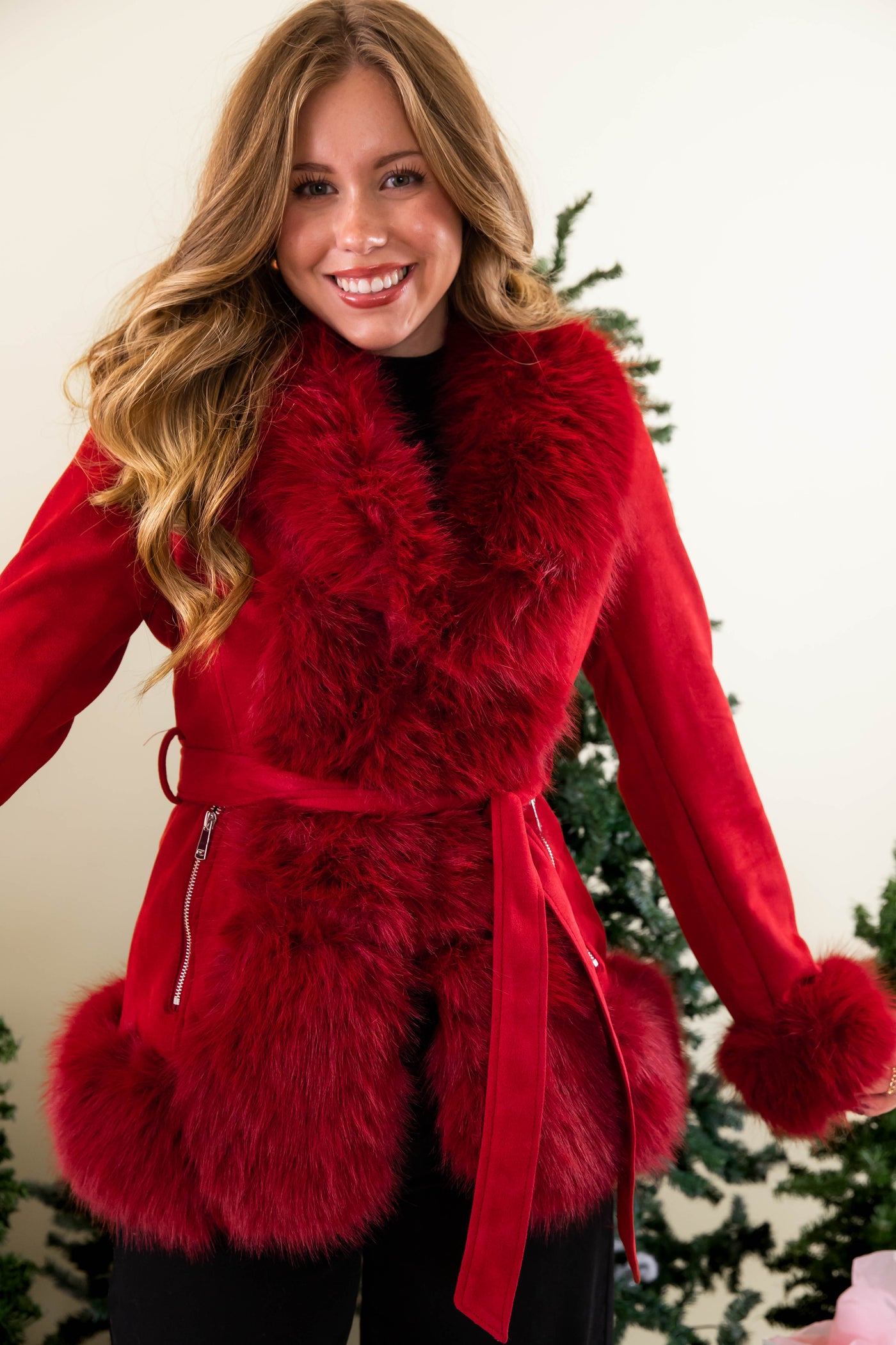 Red Suede Fur Coat- Women's Red Coat with Fur- Coalition Red Fur Jacket