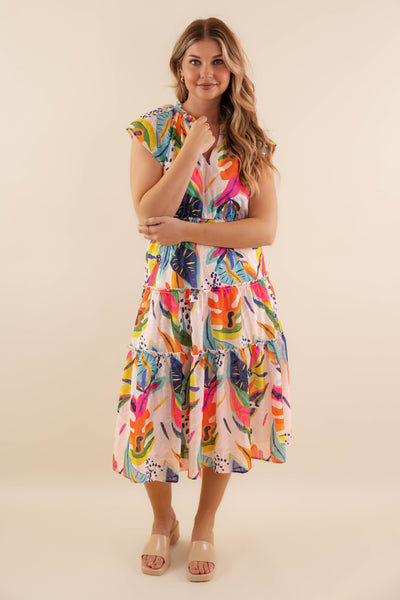 Multi-Color Leaf Print Midi Dress- Women's Vacation Dresses- Umgee Midi Dress