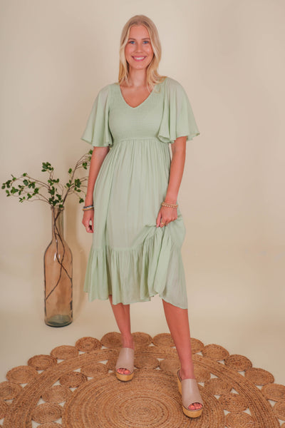 Women's Smocked Midi Dress- Light Green Midi Dress- Sweet Lemon Midi Dress