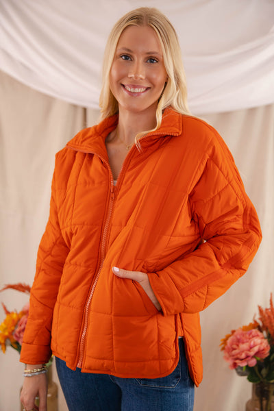 Rust Orange Quilted Puffer Jacket- Women's Boxy Fall Jacket- FP Dupe Quilted Jacket