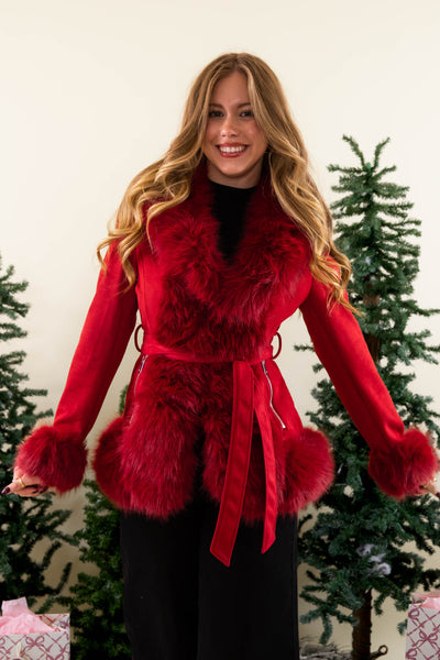 Red Suede Fur Coat- Women's Red Coat with Fur- Coalition Red Fur Jacket